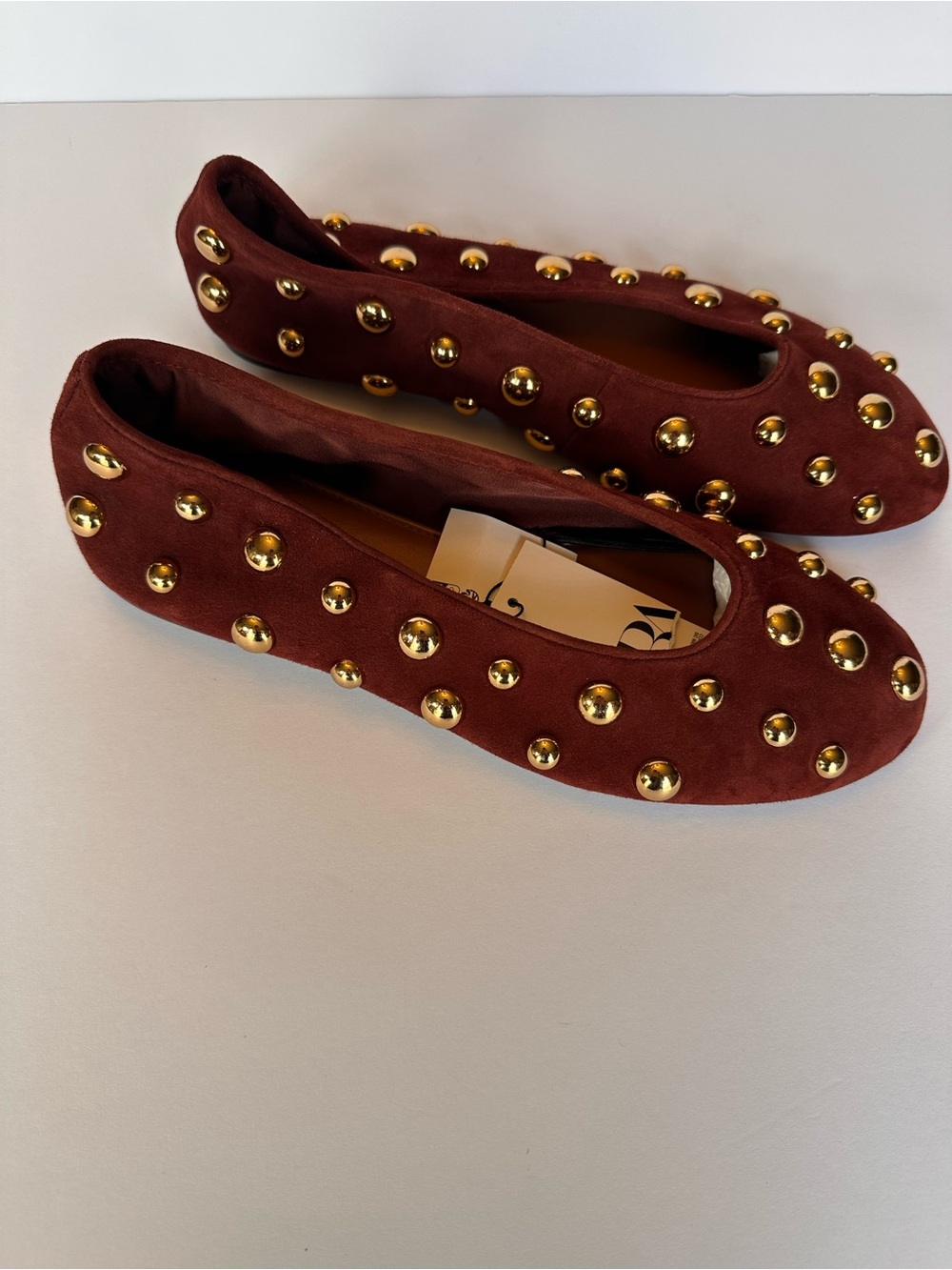 NWT Zara Studded Suede Ballet Flats Brown Gold Domed Studs Sz 9 EUR 40